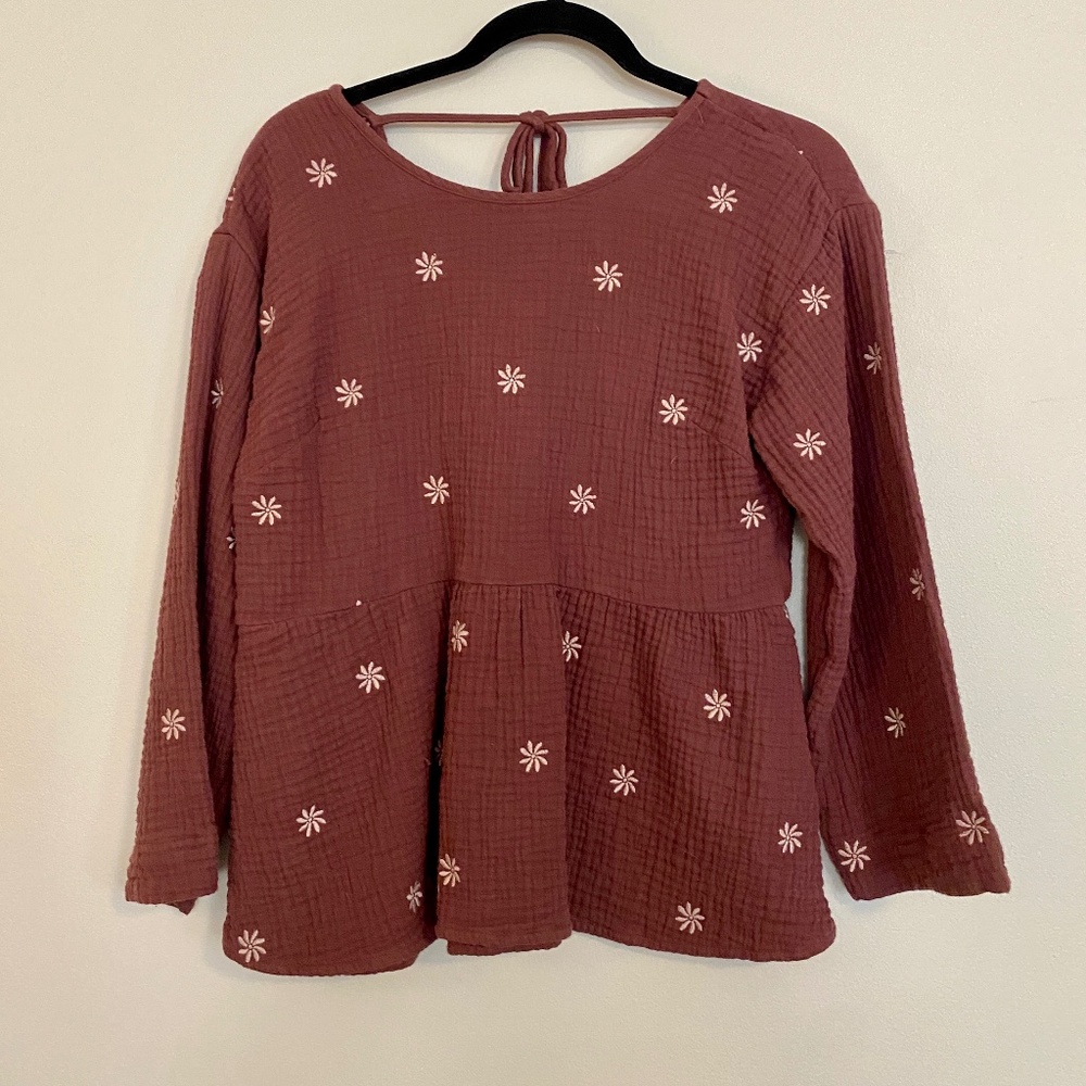 Madewell Dusty Rose Floral Embroidered Peplum Top
